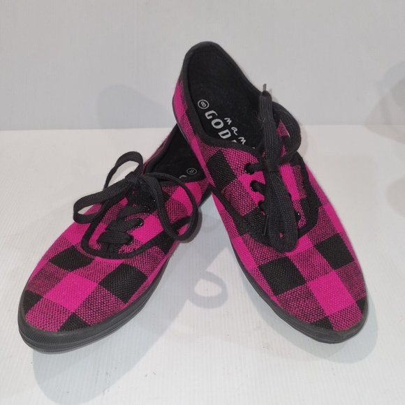Mambo Shoes - Mambo Goddess Fuschia Pink & Black Plaid Sneakers, Size 8 Retro